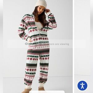 NWT Fabletics Cozy Fleece Hooded Holiday Fairisle Festive Red and Green Jumpsuit
